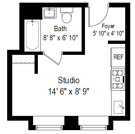 Floor plan for studio, 1 bath, 264 sqft